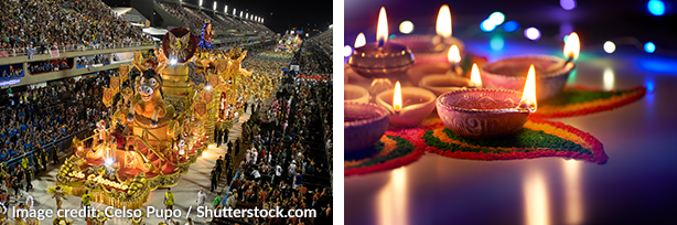 Left image: Rio Carnival parade; Right image: Diwali festival lights