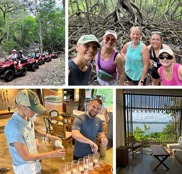 Top left image: ATV adventure in Costa Rica; Top right image: Jodie with friends in Costa Rica; Bottom left image: Private mixology class; Bottom right image: View from Jodie's room at Lagarta Lodge