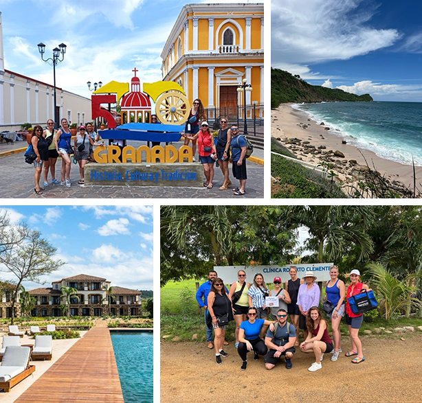 Top left image: Jodie and travel group in Granada, Nicaragua; Top right image: Nicaragua's Pacific coast; Bottom left image: Rancho Santana resort; Bottom right image: Jodie and travel group volunteering with Pack for a Purpose