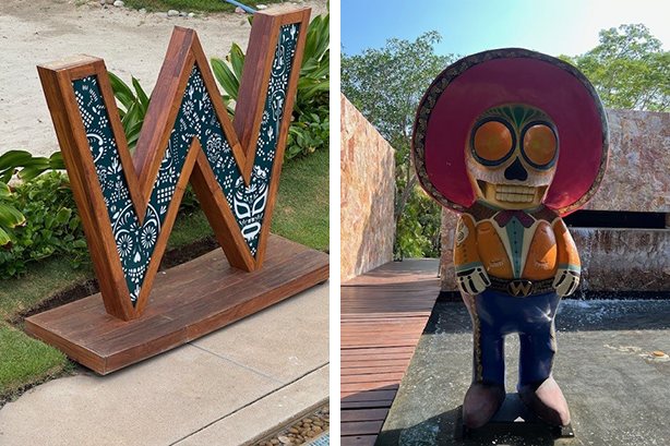 Left image: W Punta de Mita sign; Right: Pancho photo opp at W Punta de Mita