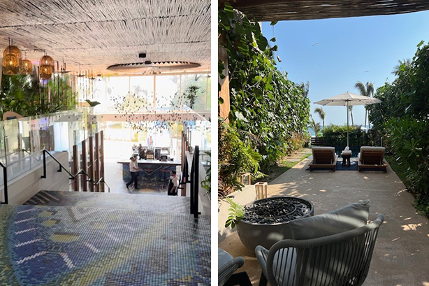 Left image: W Punta de Mita lobby with mosaic carpet; Right image: Lounging chairs and greenery at W Punta de Mita