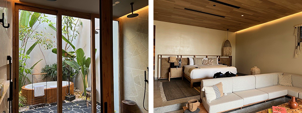 Left image: Outdoor tub in ocean-front suite; Right image: Bed facing toward the ocean at W Punta de Mita